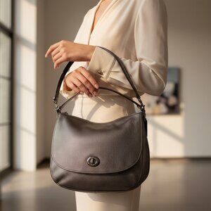 Coach Turnlock Hobo Bag Metallic Gunmetal Pebble Leather